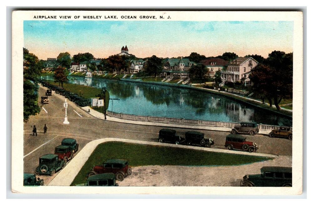 Vintage Tichnor Postcard: Airplane View Wesley Lake Ocean Grove NJ 1920s-30s